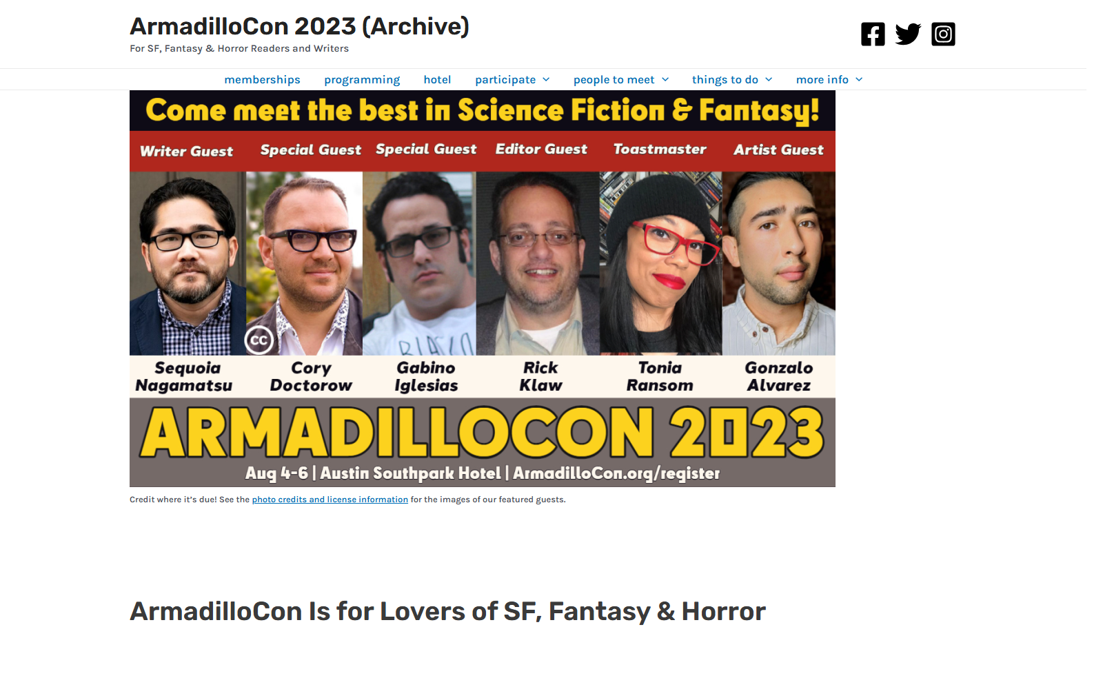 Screenshot of ArmadilloCon 2023 (Archive) – For SF, Fantasy & Horror Readers and Writers