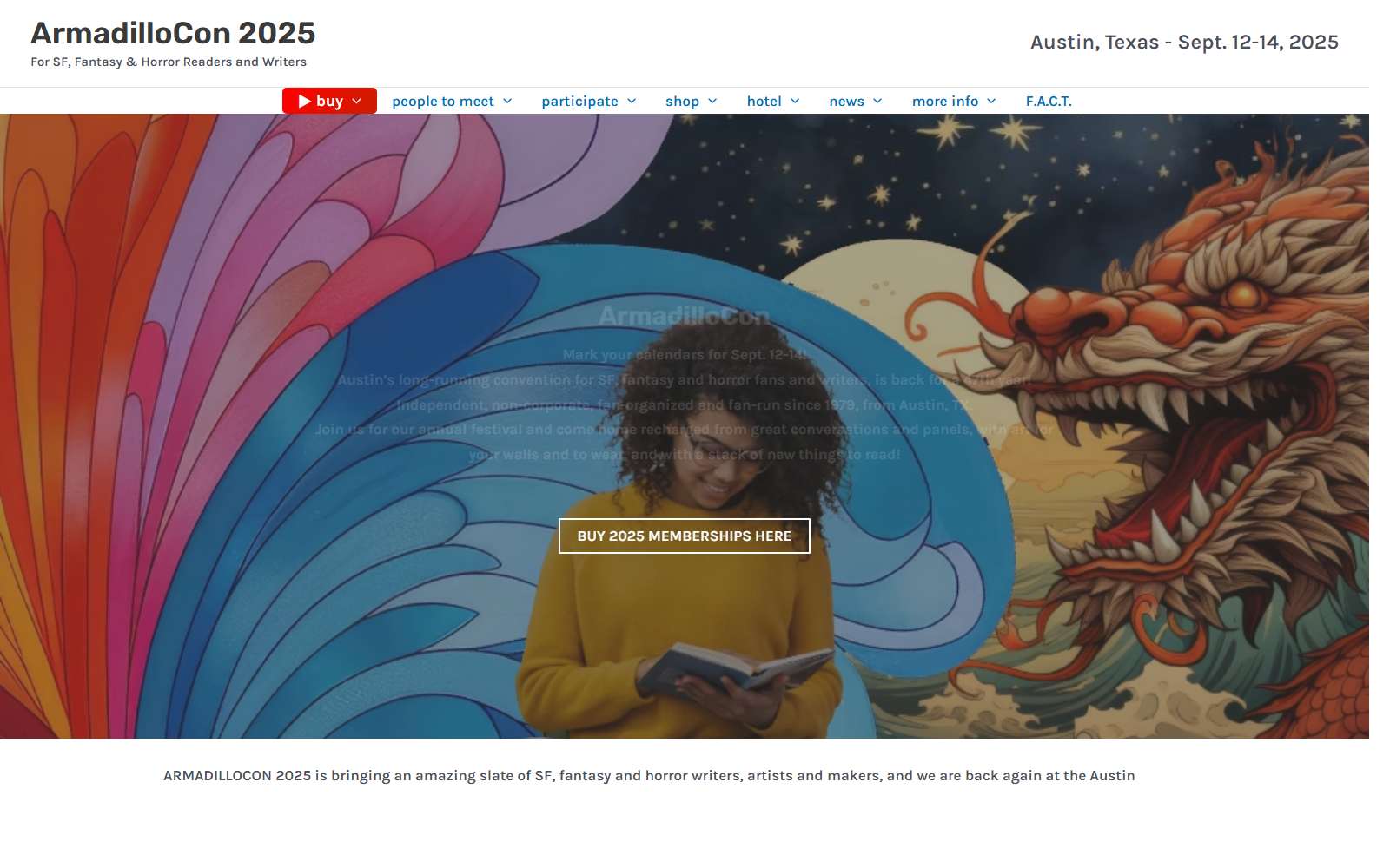 Screenshot of ArmadilloCon 2025 – For SF, Fantasy & Horror Readers and Writers